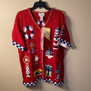 Quacker Factory Red Nautical Knit Cardigan with Navy and White Trim